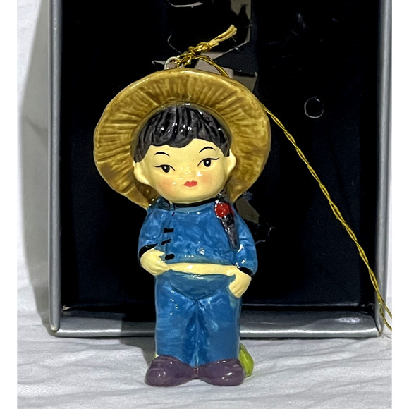 Vintage Berman Anderson Trims in Ceramic Christmas Ornament Boy with Hat In Box - Picture 1 of 5